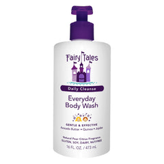 Fairy Tales gel de baño para niños, botella frontal, limpieza suave para piel sensible.