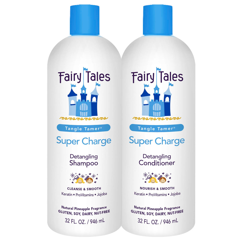 Fairy Tales Tangle Tamer Shampoo bottle highlights ultra-moisturizing detangling action for kids.