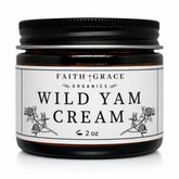 Faith and Grace Organics Wild Yam Cream bottle showcasing organic formula for hormonal balance.