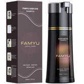 Famyu champú colorante negro para cabello, muestra la botella frontal con color intenso.