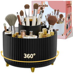 Fanado 360° rotate makeup brush holder showcasing easy access to brushes and tools.
