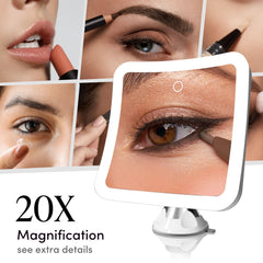 Fancii 20x magnifying mirror with lights on for even facial illumination.