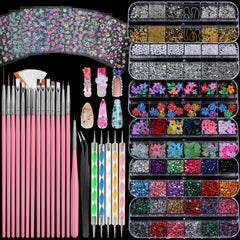 Fandamei nail art kit overview with shimmering charms for at-home designs