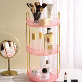 Fangoo 3-tier pink rotating makeup organizer keeps cosmetics neatly accessible.