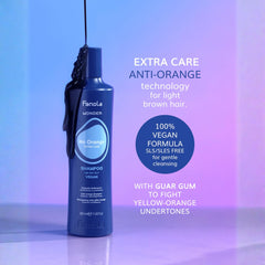 Fanola Wonder No Orange Blue Shampoo brassy-tone-toning demonstrates cool-toned results for blondes