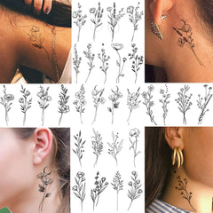 Tatuaje FANRUI ramita negra y lavanda, ideal para muñecas o clavícula.