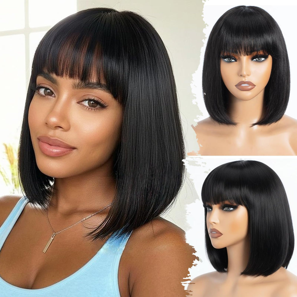 Farblick bob wig bangs 12in straight for easy, stylish daily wear.