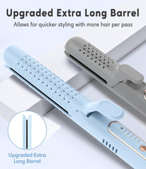 Blue Farery iron with long barrel delivering smooth curls with fewer passes.