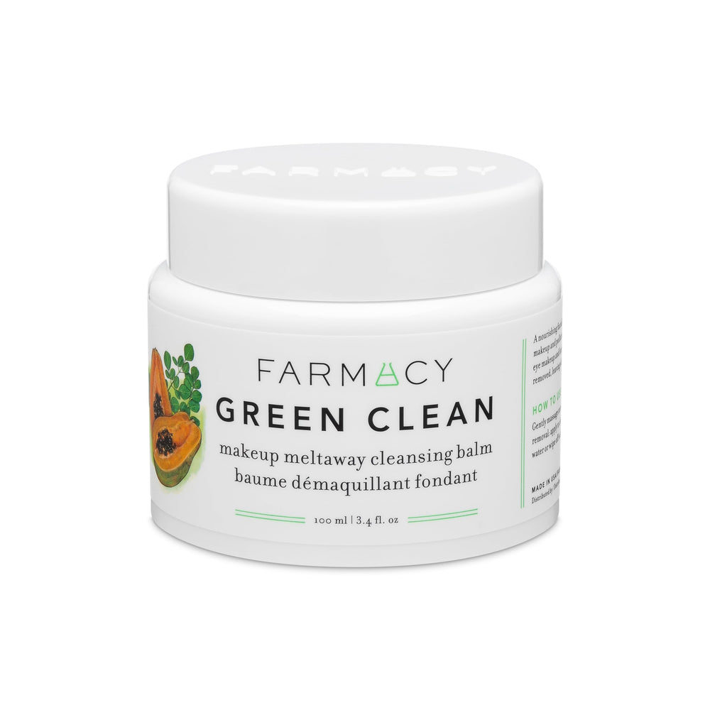 Farmacy Green Clean remover jar shows balm texture and gentle makeup removal.