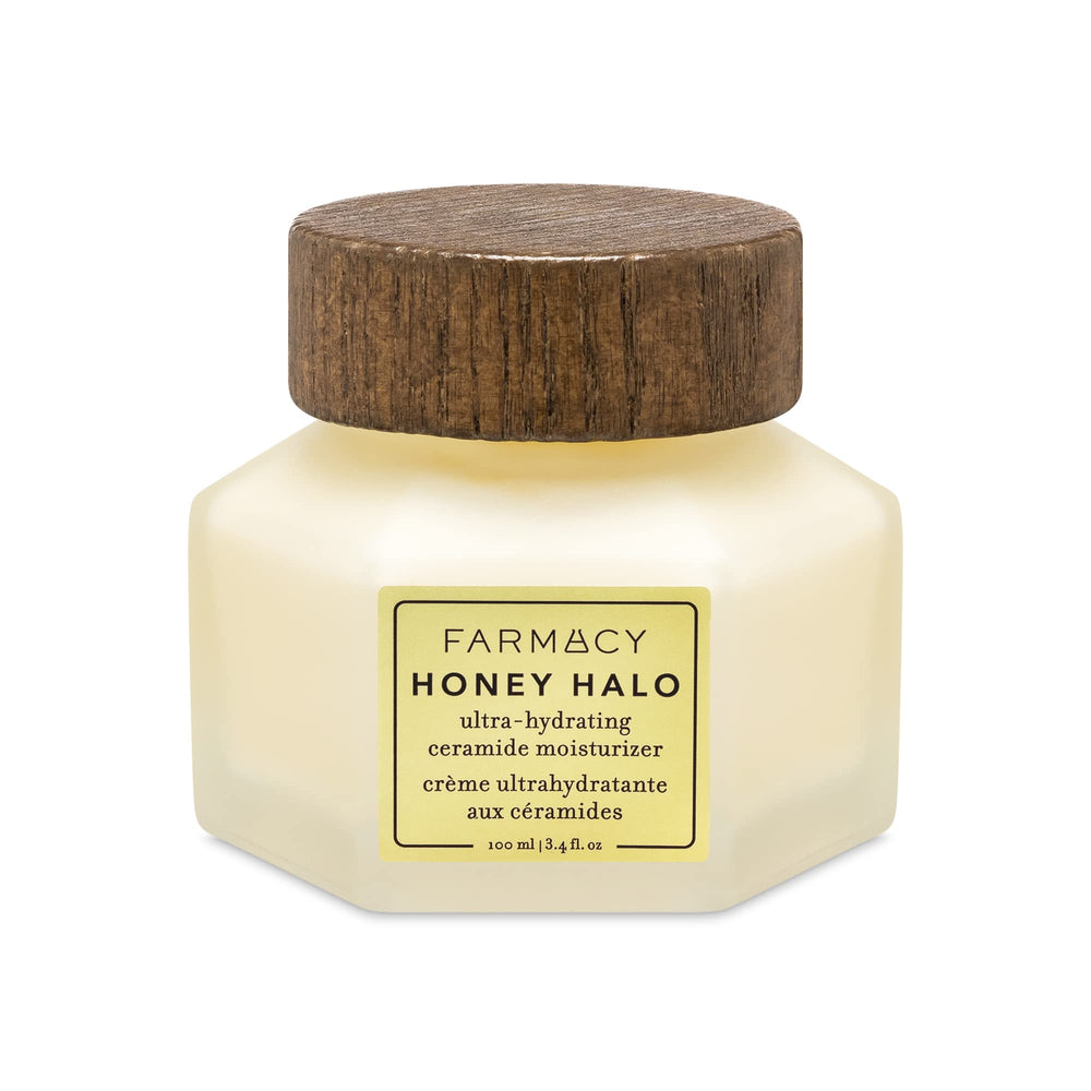 Farmacy Honey Halo jar closeup shows rich hydration for dry skin.