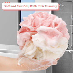 Farmoga dense mesh bath sponge delivers luxurious foam for easy cleansing.