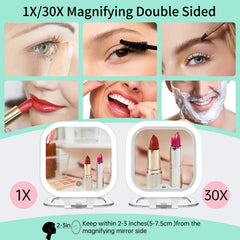 FASCINATE double-sided mirror offers 1x and 30x magnification for full and close-up views.