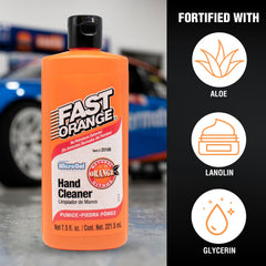 Closeup of label on Fast Orange 25108 Pumice Lotion highlighting aloe and glycerin.