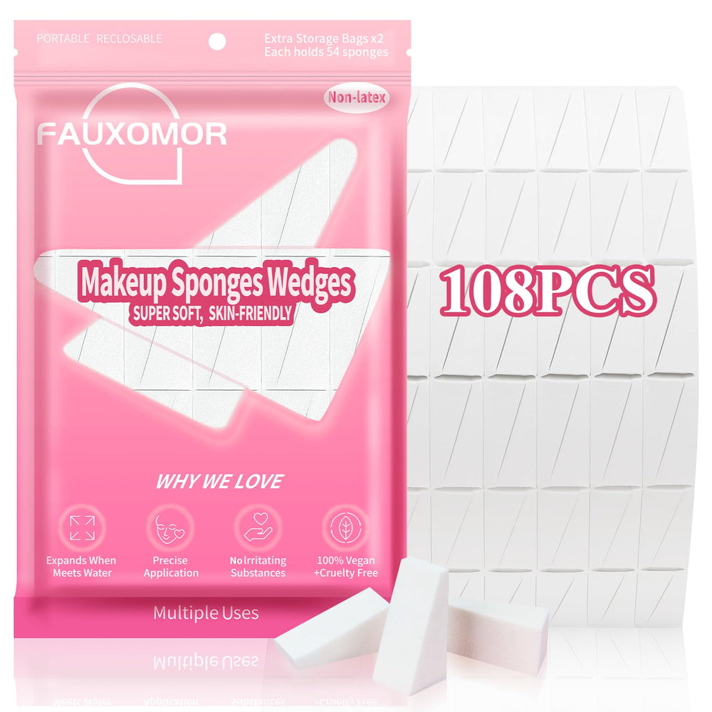 Fauxomor 108-pcs makeup sponges with two protective pouches for clean storage