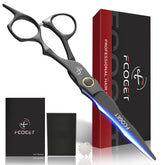 Fcoget hair cutting scissors blade close-up showing ultra-sharp 0.01mm precision for clean cuts