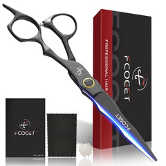 Fcoget hair cutting scissors blade close-up showing ultra-sharp 0.01mm precision for clean cuts