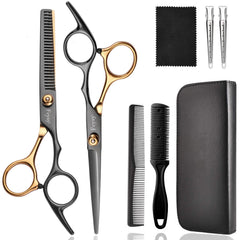Fcysy hair cutting scissors kit top view showing organized tools for home grooming and professional use.