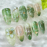 FDSQHSA green press-on nails almond flowers for a fresh, stylish manicure at home