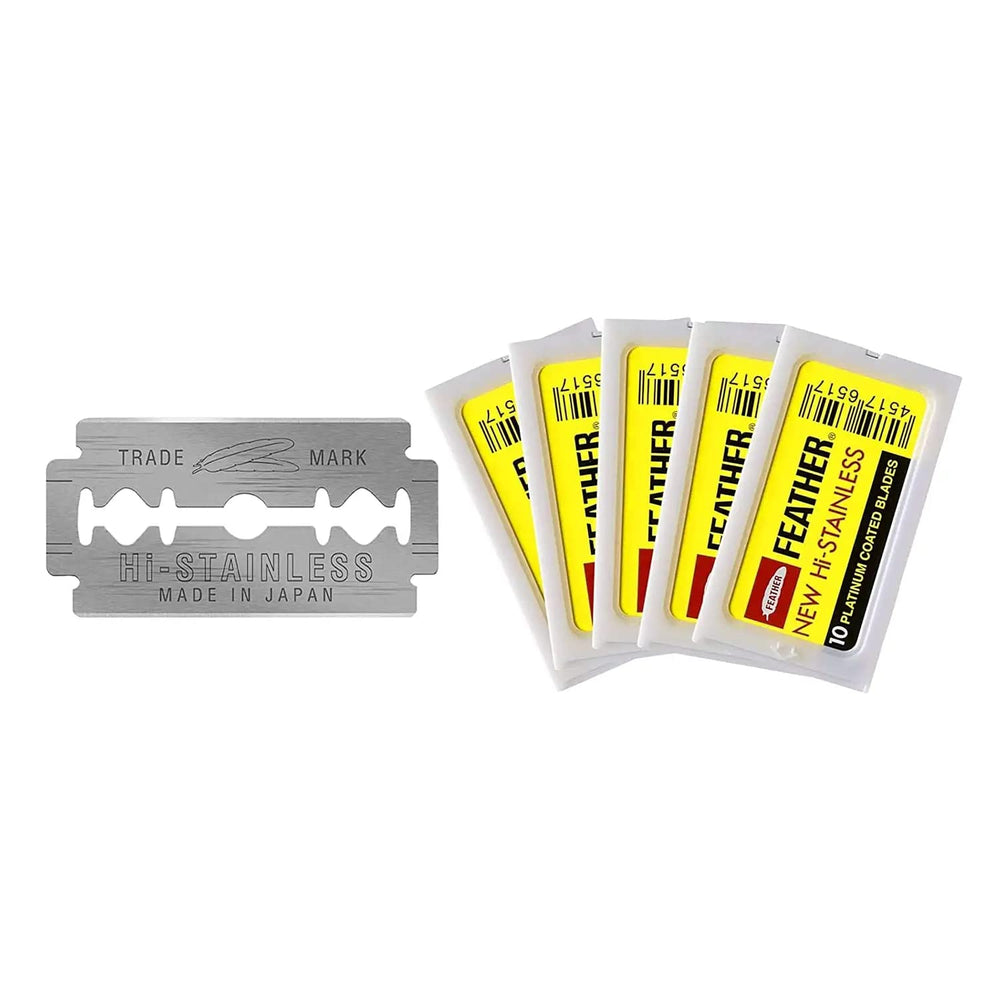 Feather double-edge blades fifty-count pack for precise, smooth shaves.