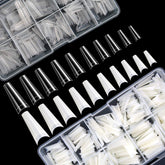 FEBSNOW French coffin nail tips in clear boxes for easy size selection and storage.