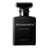 FeelMagnetic perfume bottle close-up, promising long-lasting scent and confidence.