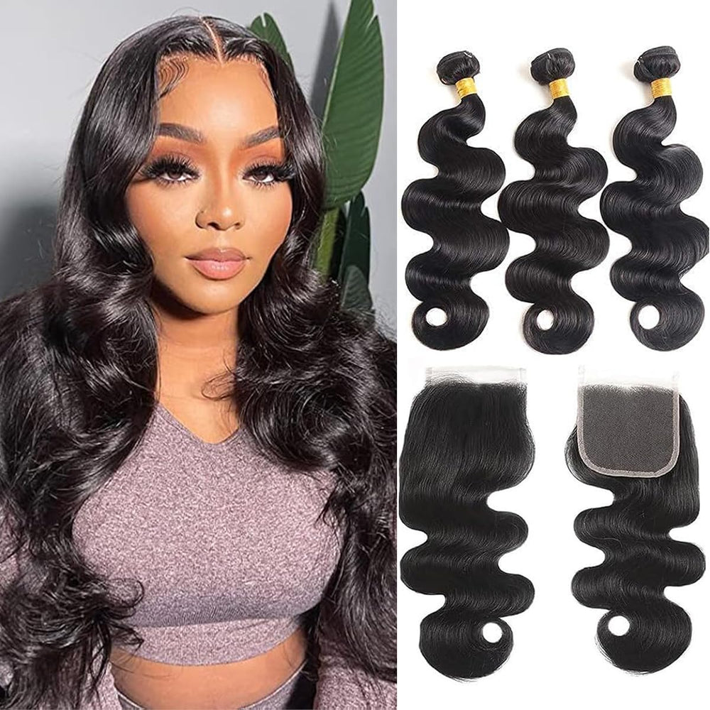 Feibin Brazilian virgin hair bundles with closure 18-20-22 close-up shows full density.