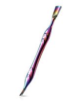 FERYES cuticle pusher with fork rainbow finish for precise, painless cuticle shaping at home.