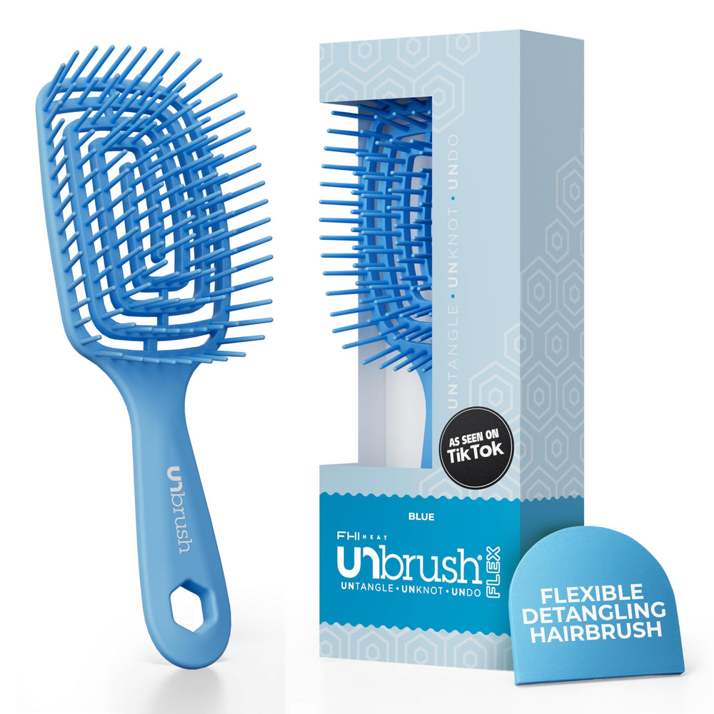 FHI Heat UNbrush Flex detangler close-up with 132 DuoFlex bristles for gentle detangling.