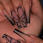 Uñas FIEONCIY en forma ataúd negras con brillo para eventos nocturnos