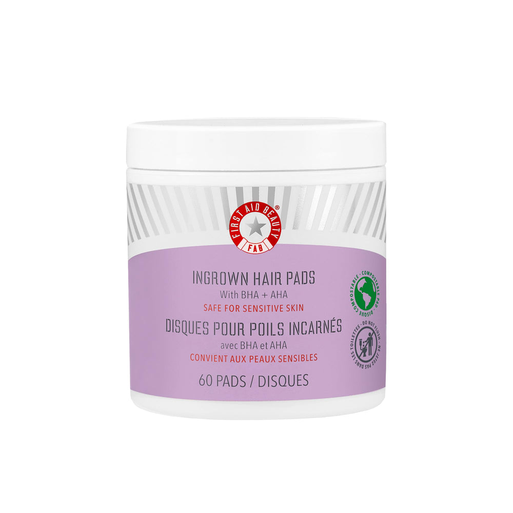 First Aid Beauty Ingrown Hair Pads pack closeup for post-shave exfoliation and smoother skin