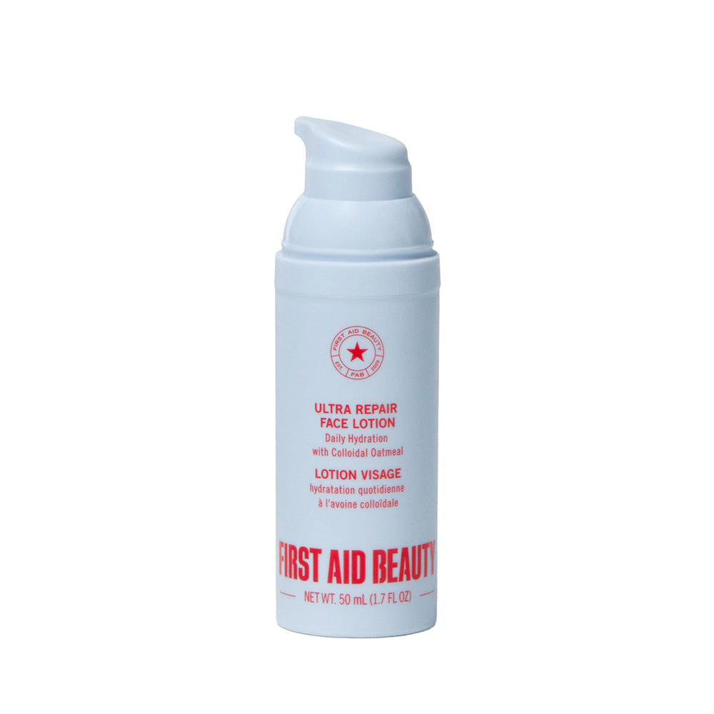 First Aid Beauty Ultra Repair Face Moisturizer bottle close-up, highlighting lightweight hydration and quick absorption.