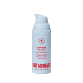 First Aid Beauty Ultra Repair Face Moisturizer bottle close-up, highlighting lightweight hydration and quick absorption.
