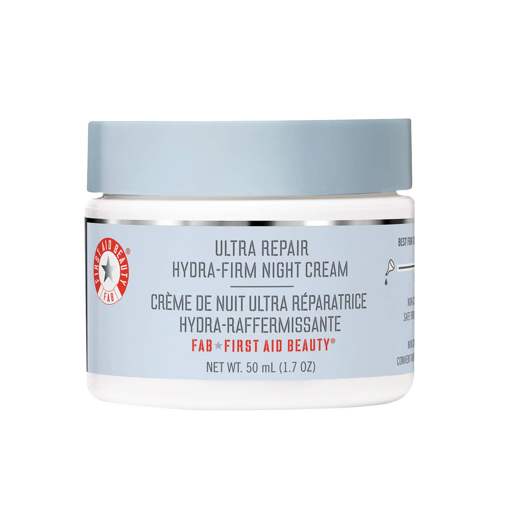 First Aid Beauty Ultra Repair Hydra-Firm Night Cream jar closeup showing rich hydration.