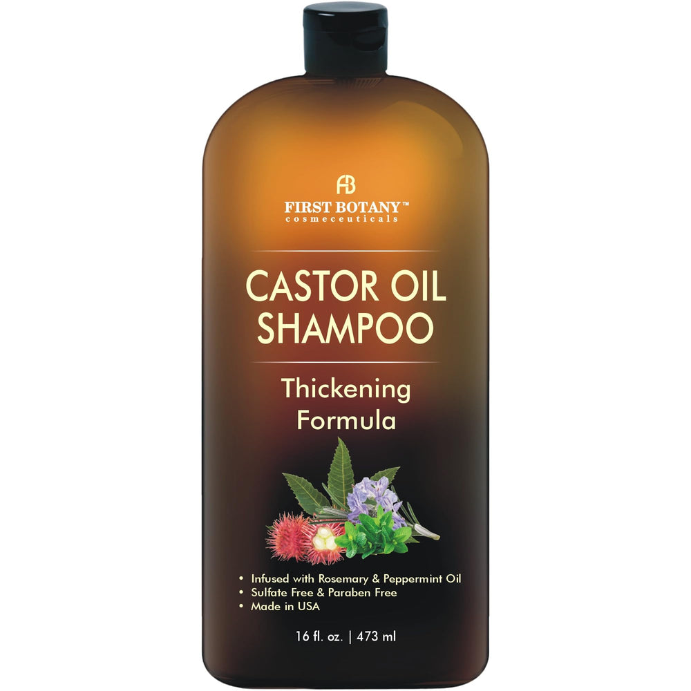 First Botany Shampoo con aceite de ricino en botella, hidratación profunda.