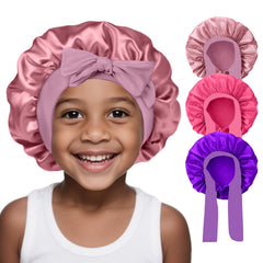 FirstPELLA kids silk bonnet pack in three colors protects curls while sleeping.