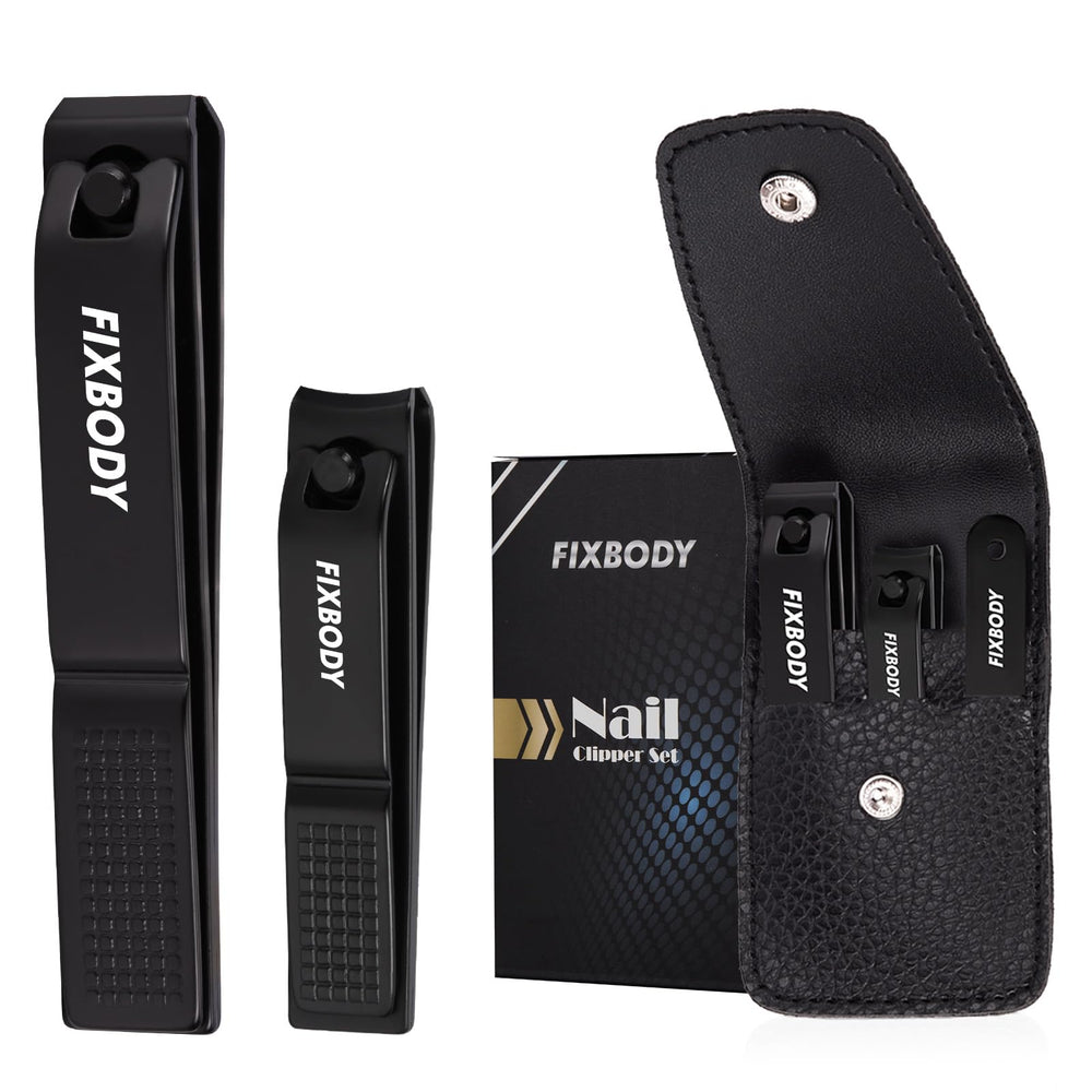 FIXBODY nail clipper set with black stainless steel for precise trimming on thick nails.