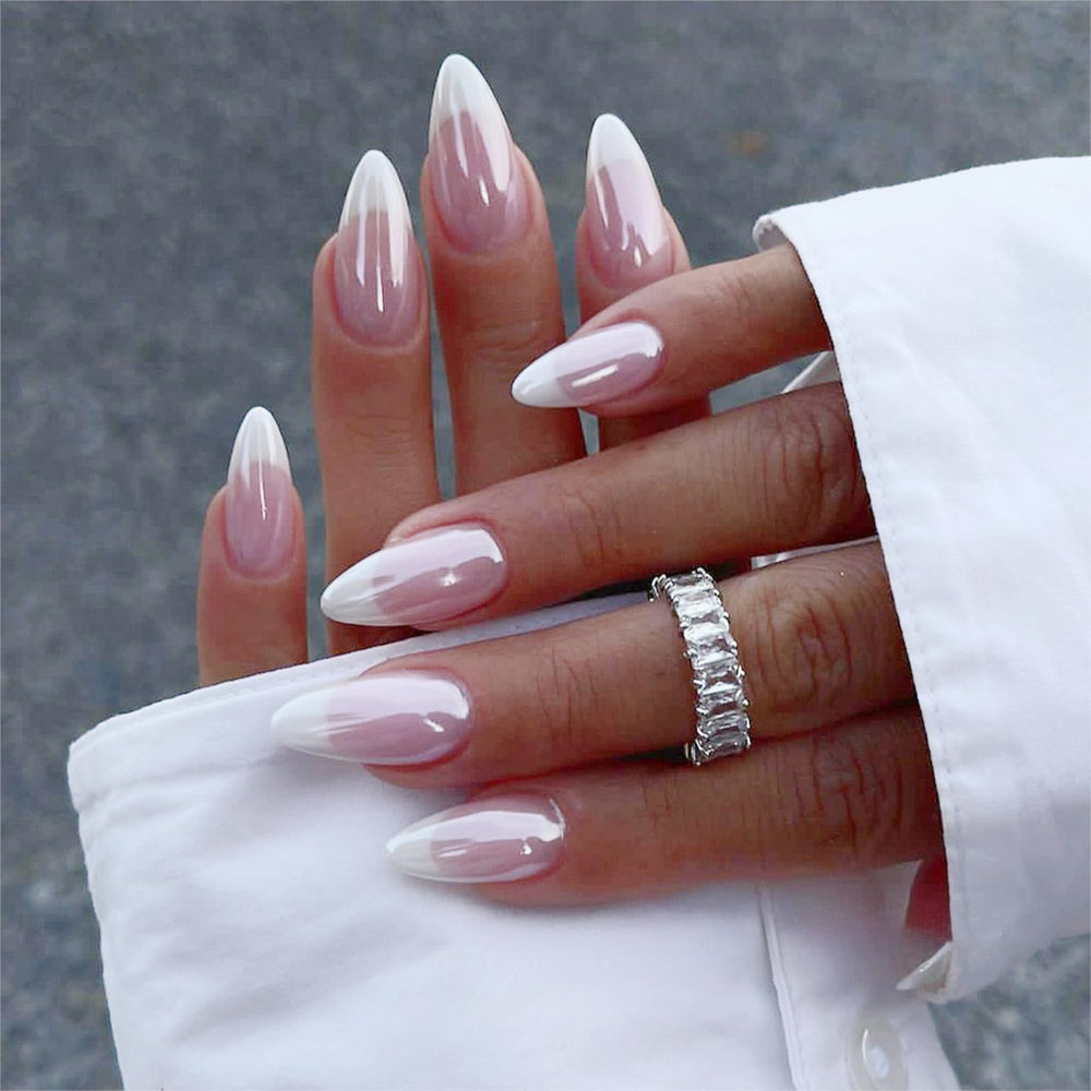 FJSMTOPl almond French tip chrome nails for stylish DIY manicures