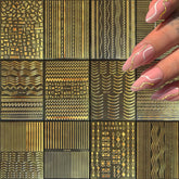 FJSMTOPl: diseños de uñas doradas con ondas geométricas para un look moderno.