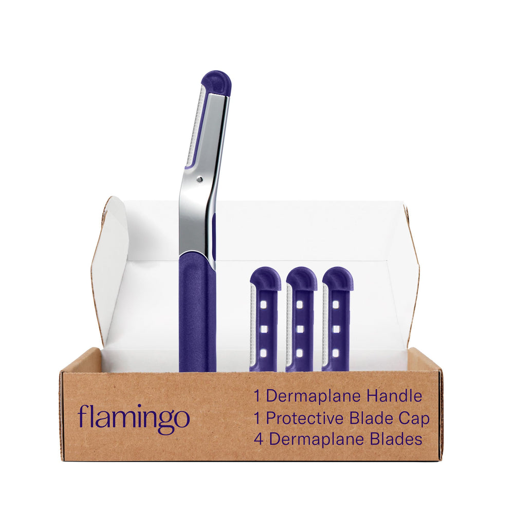 Flamingo Dermaplane blade refill with pull tab for easy replacement and upkeep.