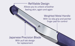 Flamingo Dermaplane razor shown with refill for seamless smoothing.