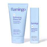 Flamingo Exfoliating Shave Gel bottle shows gentle exfoliation for a smoother shave