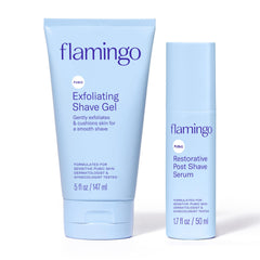 Flamingo Exfoliating Shave Gel bottle shows gentle exfoliation for a smoother shave