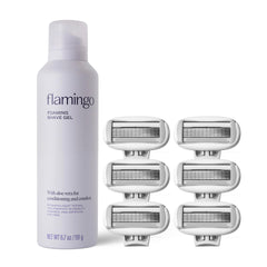 Flamingo foaming shave gel bottle showing aloe and iris lemon notes for a smooth shave