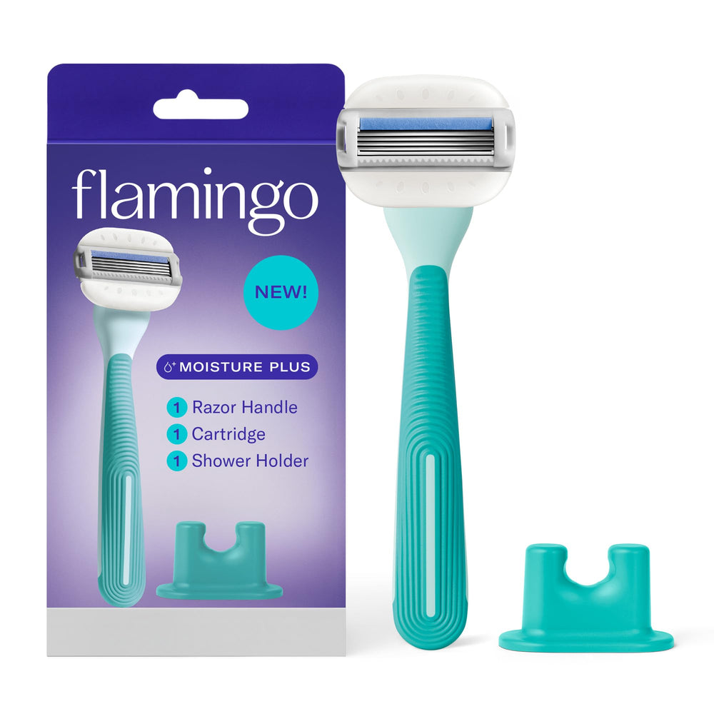 Flamingo Moisture Plus razor handle with moisture bars for a gel-free glide.