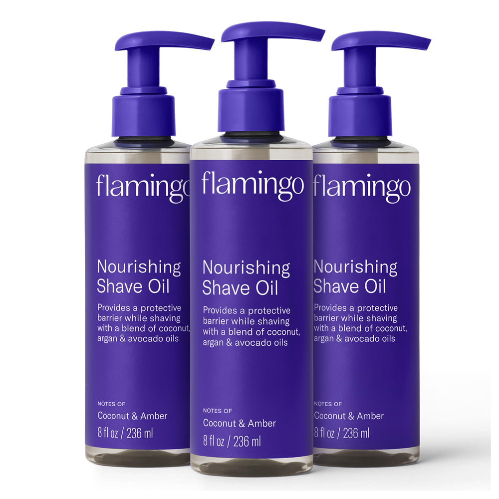 Flamingo Nourishing Shave Oil bottle with coconut glide for smooth shaving