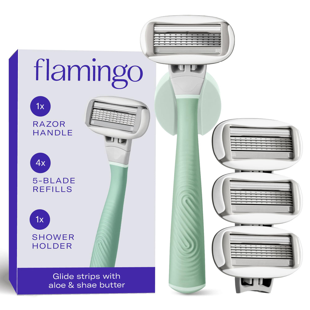 Flamingo razor handle with sage finish offers secure, comfortable grip for precise shaving