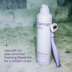 Flamingo 360° comfort system delivers glide and protection during shaving.