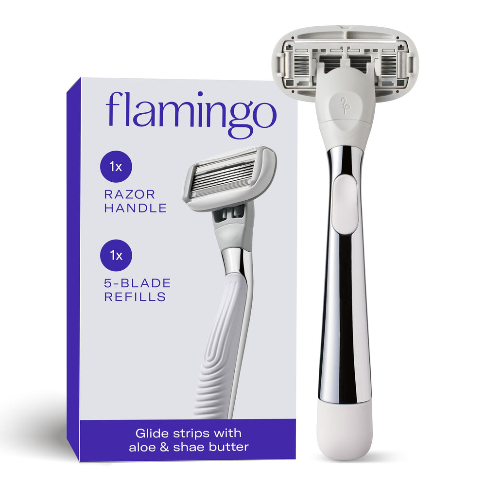 Flamingo women's razor with chrome handle delivers a secure, comfortable grip for smooth shaving.