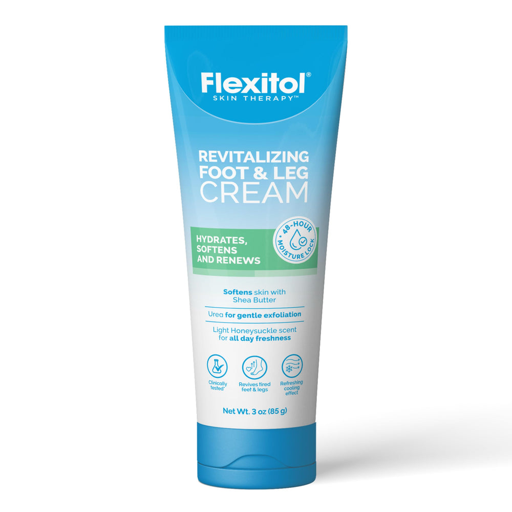 Flexitol Revitalizing Foot Cream bottle delivers intensive hydration for dry feet.