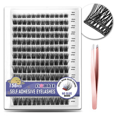 FLOMAZE self-adhesive eyelashes showing all sizes for a customizable look and quick application.